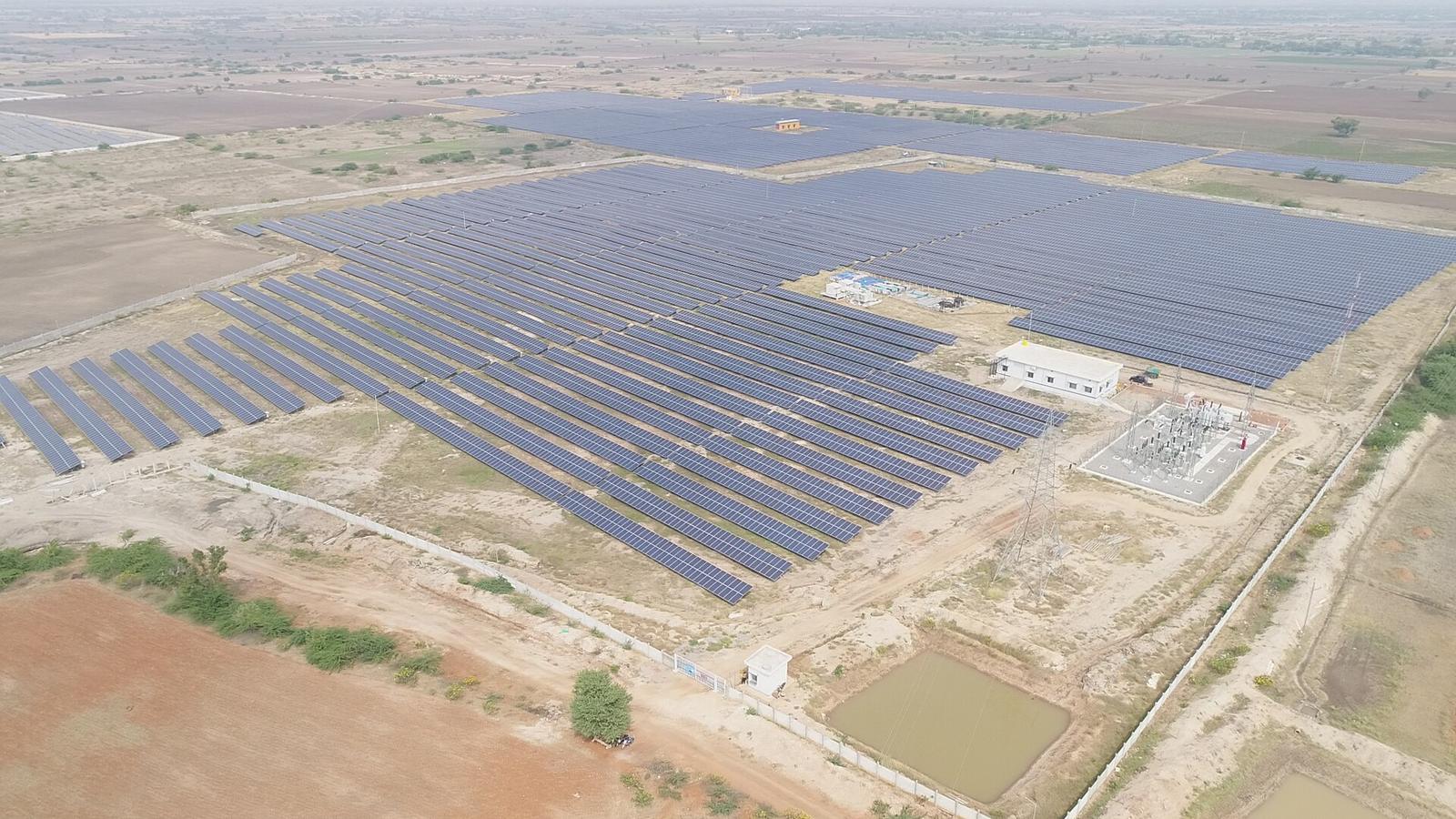 Aerial view of a utility-scale solar plant in Karnataka