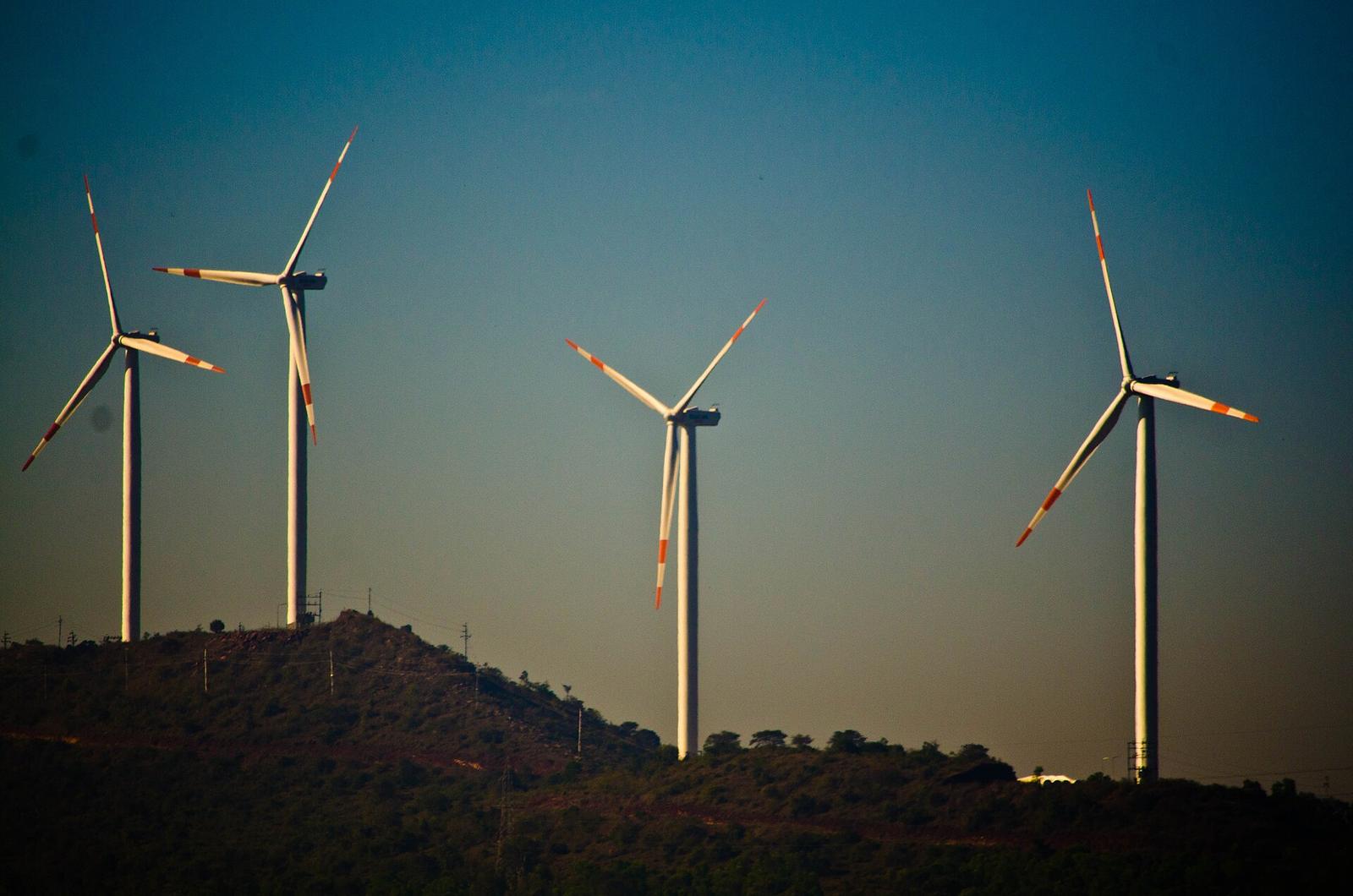 Wind turbines along a ridge in Karnataka